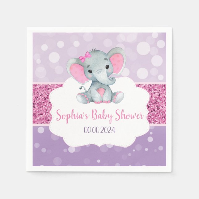 Girl Elephant Shower Pink Purple Paper Napkins (Front)
