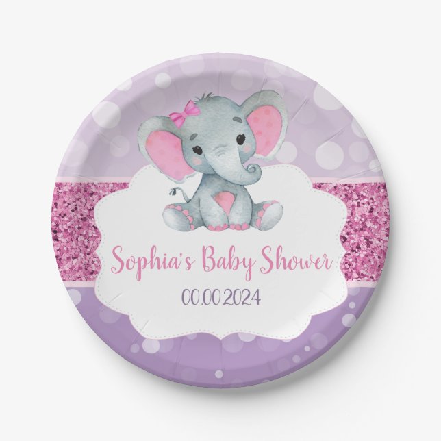 Girl Elephant Shower Pink Purple Paper Napkins Plate (Front)