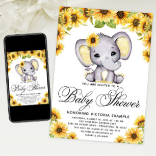 Girl Elephant Sunflower Baby Shower Invitation