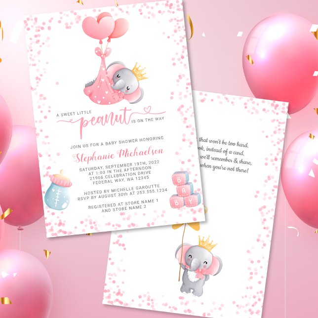 Girl Elephant Sweet Little Peanut Baby Shower Invitation (Girl Elephant Sweet Little Peanut Baby Shower Invitation)