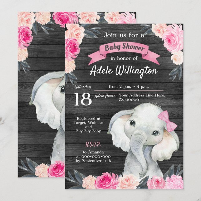Girl Elephant Watercolor Floral Pink Roses Wooden Invitation (Front/Back)