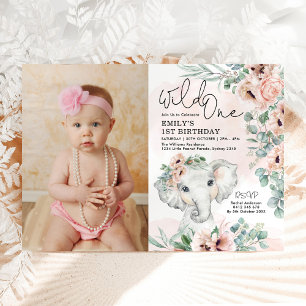 Girl Elephant Wild One Blush Floral Birthday Photo Invitation