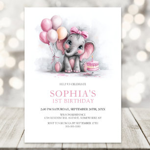 Girl Elephant with Balloons 1st Birthday Party Invitation