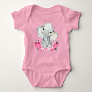 Girl Elephant with Custom Name Pink Bodysuit Roses