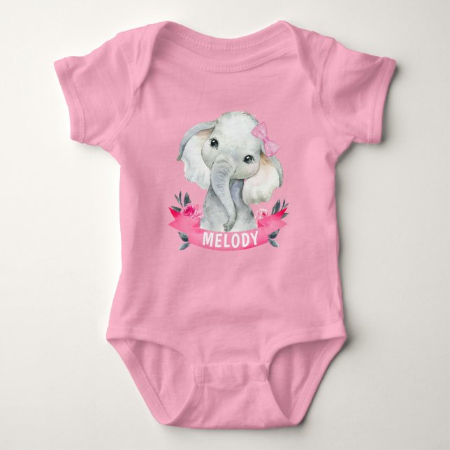 Girl Elephant with Custom Name Pink Bodysuit Roses (Front)