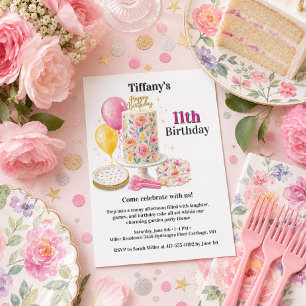 Girl Eleven Pink Floral Birthday Cake Party Invitation