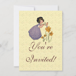 Girl Elf Fairy Daffodil Antique Easter Invitation