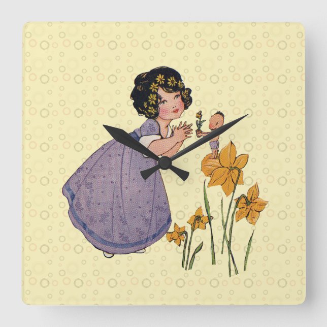 Girl Elf Fairy Daffodil Antique Easter Square Wall Clock (Front)
