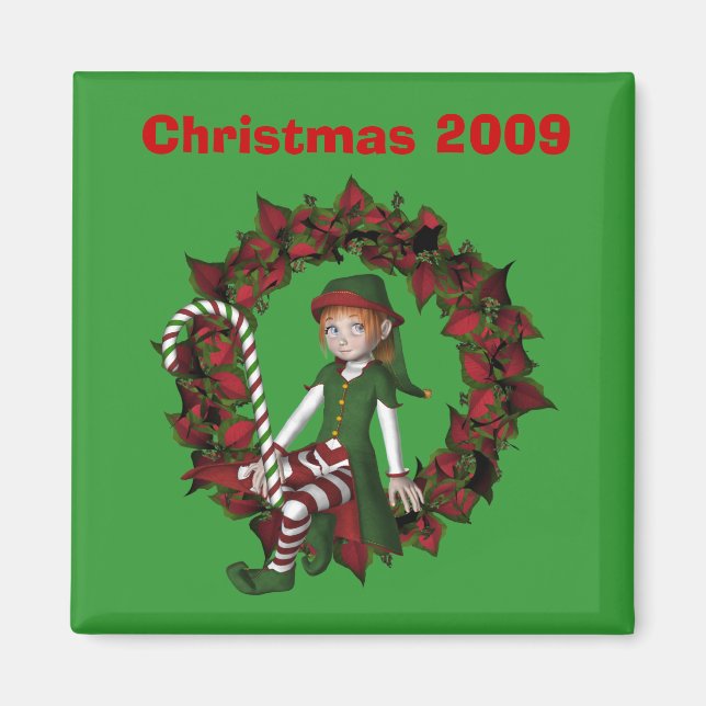 Girl Elf On Wreath Christmas Holiday Magnet (Front)