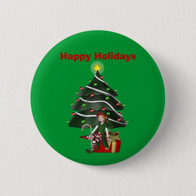 Girl Elf Tree Present Christmas Holiday Button Pin (Front)