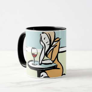 Girl Enjoying Red Wine In A Café Mug