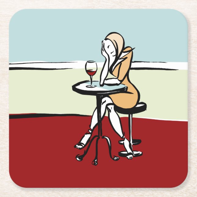 Girl Enjoying Red Wine In A Café Square Paper Coaster (Front)