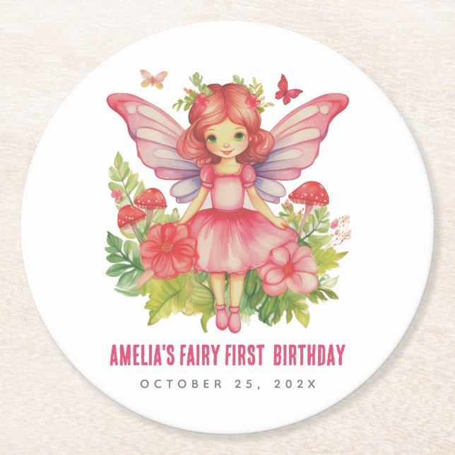 Girl Fairy First Birthday Cute Pink Round Paper Coaster (Front)