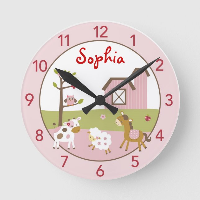Girl Farm Animal Personalised Nursery Wall Clock (Front)