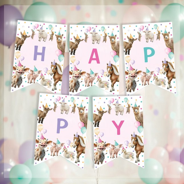 Girl Farm Barnyard Animals Confetti Happy Birthday Bunting (Creator Uploaded)
