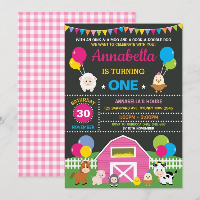 Girl Farm Barnyard Animals Pink Birthday Party Invitation (Front/Back)