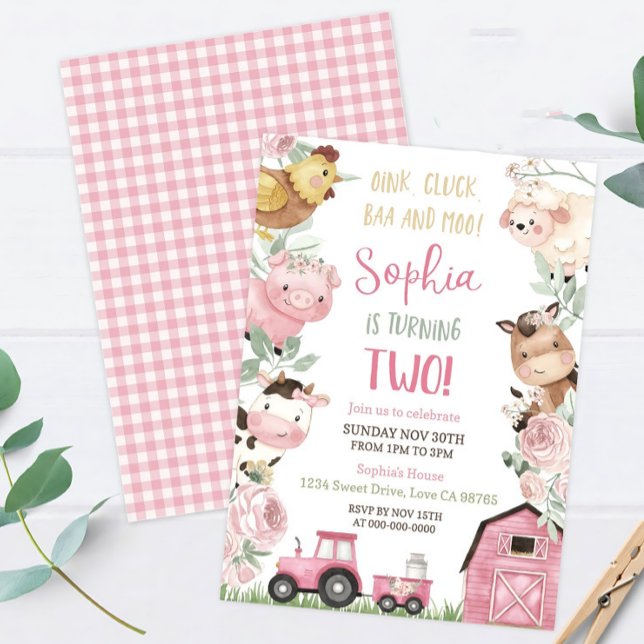 Girl Farm birthday Floral Farm Animals Invite Pink (Creator Uploaded)