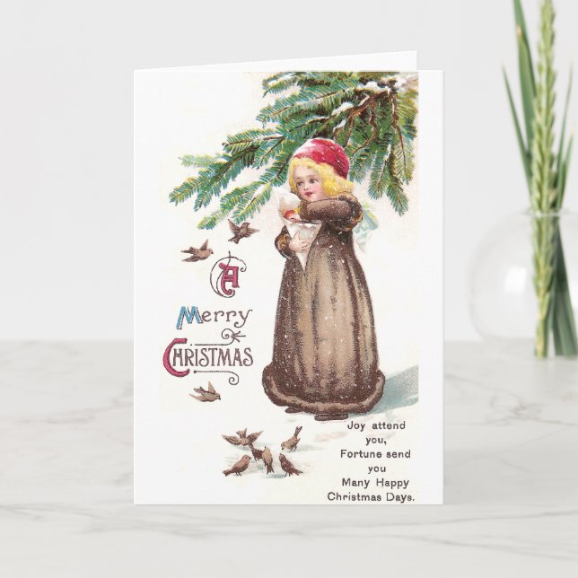 Girl Feeding Birds in the Snow Holiday Card (Front)