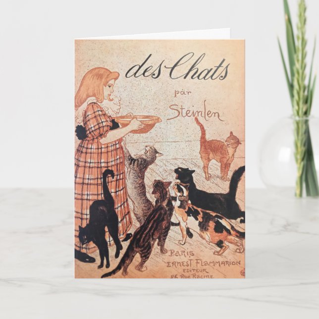 Girl Feeding Cats Vintage Steinlen Poster Card (Front)