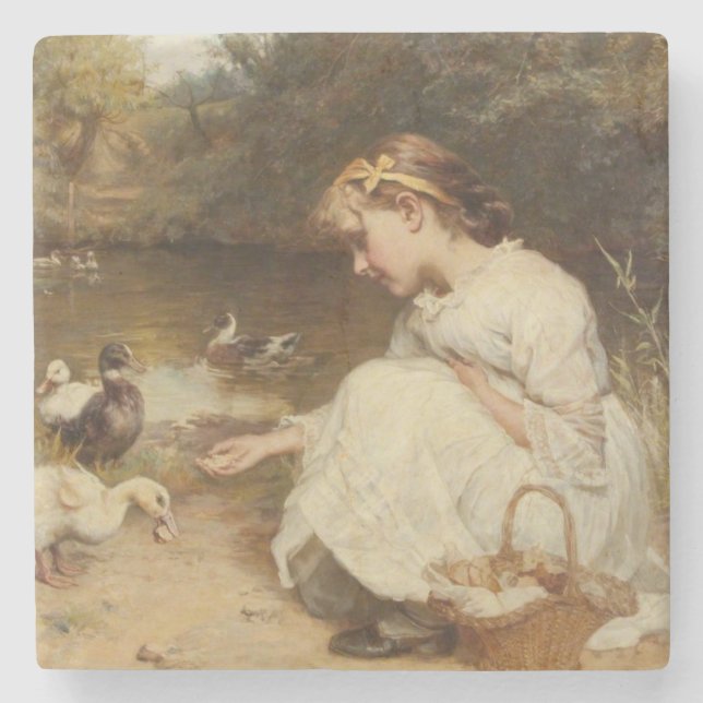 Girl Feeding Ducks (by Frederick Morgan) Stone Coaster (Front)