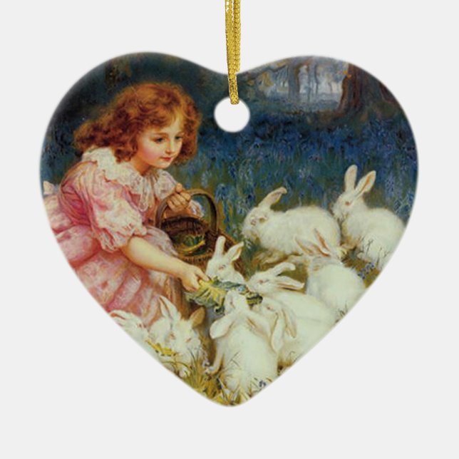Girl feeding rabbits ceramic tree decoration (Front)