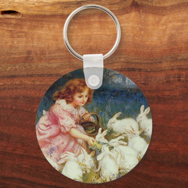 Girl feeding Rabbits Key Ring (Front)