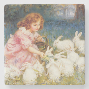 Girl Feeding the Rabbits (by Frederick Morgan) Stone Coaster