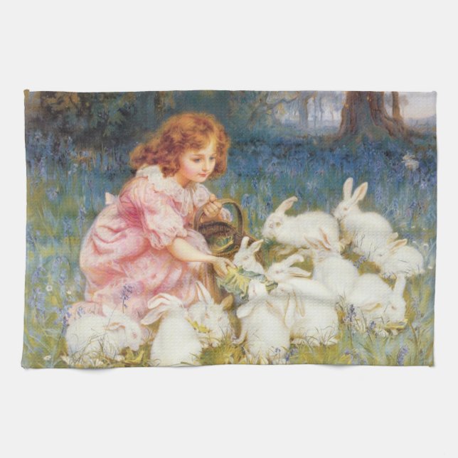 Girl Feeding the Rabbits (by Frederick Morgan) Tea Towel (Horizontal)