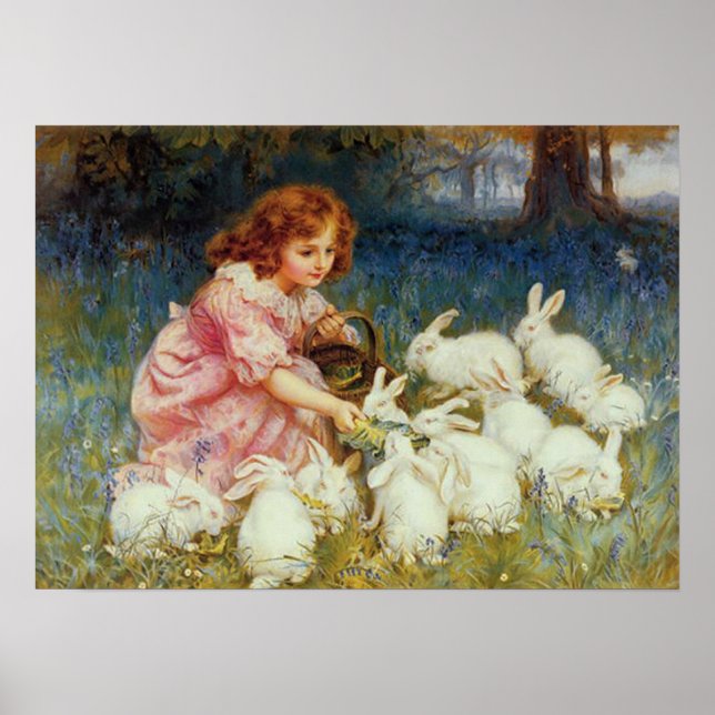 Girl feeding White Rabbits Poster (Front)