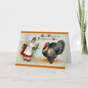 Girl Feeds Corn to Turkey Vintage Thanksgiving Holiday Card