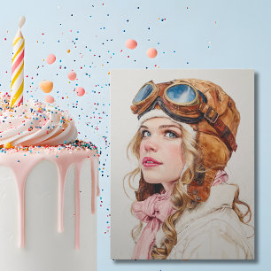 Girl Female Pilot Aviator Watercolor Fun Birthday Postcard