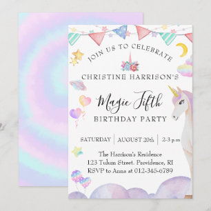 Girl Fifth Birthday Party Magic Unicorn Invitation
