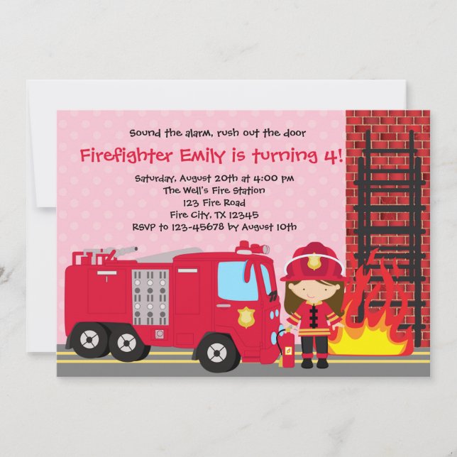 Girl Firefighter Birthday Invitation Fireman Truck (Front)