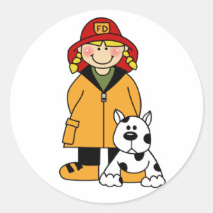 Girl Firefighter with Dalmation Classic Round Sticker