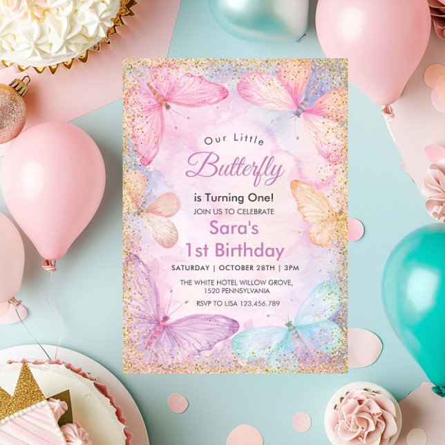 Girl First 1st Birthday Little Butterfly Party Invitation (Creator Uploaded)