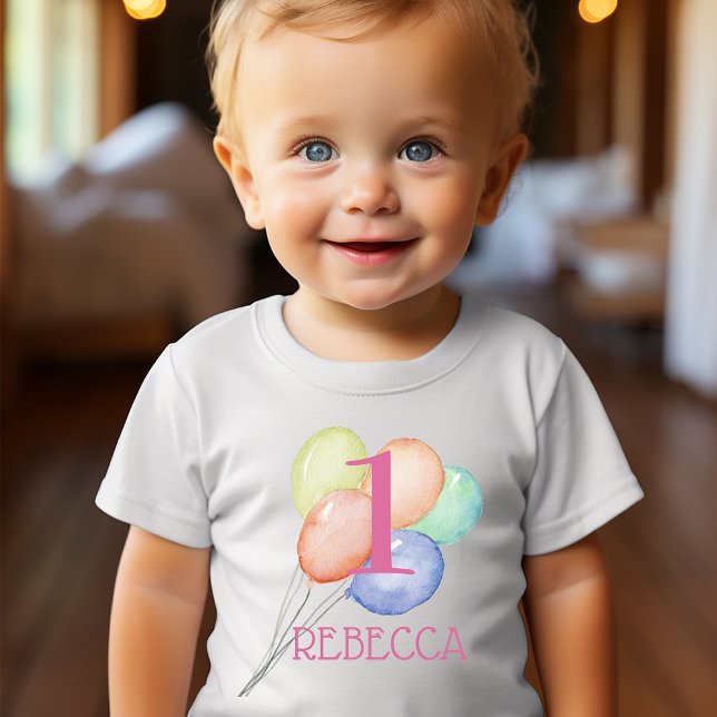 Girl First Birthday Balloons and Name Baby T-Shirt (Change the number to ANY AGE!)