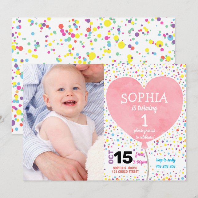 Girl First Birthday Confetti Heart Balloon Photo Invitation (Front/Back)