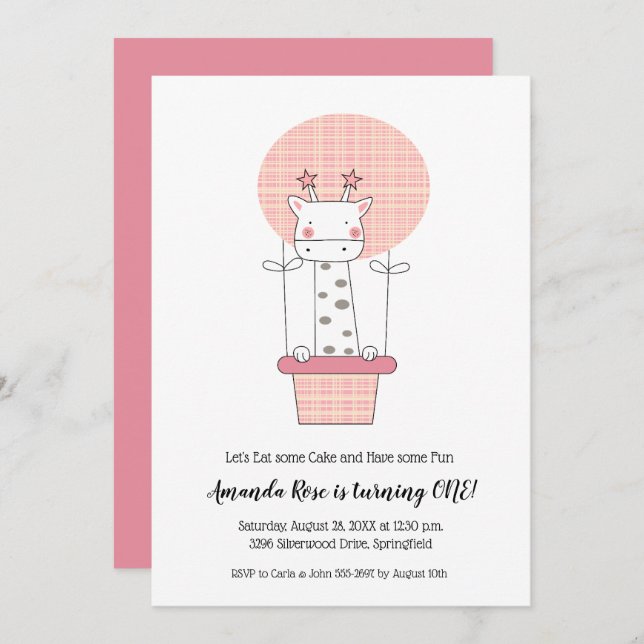 Girl First Birthday Giraffe Invitations (Front/Back)