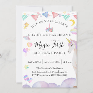 Girl First Birthday Party Magic Unicorn Invitation