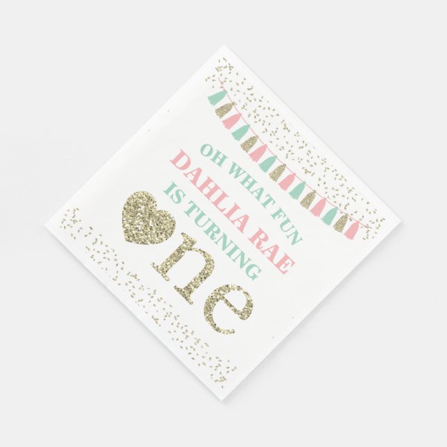 Girl First Birthday Party Napkins Pink Mint Gold (Corner)