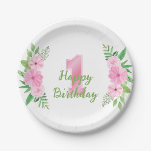 Girl First Birthday Party Plate Pink Green Floral