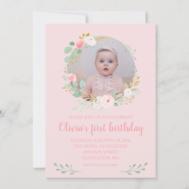 Girl first birthday Pink floral photo Invitation (Front)