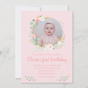 Girl first birthday Pink floral photo Invitation