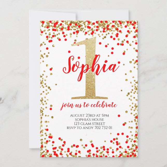 Girl First Birthday Red Gold Number Confetti Invitation (Front)