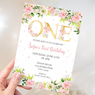 Girl First Birthday Watercolor Flowers Invitation