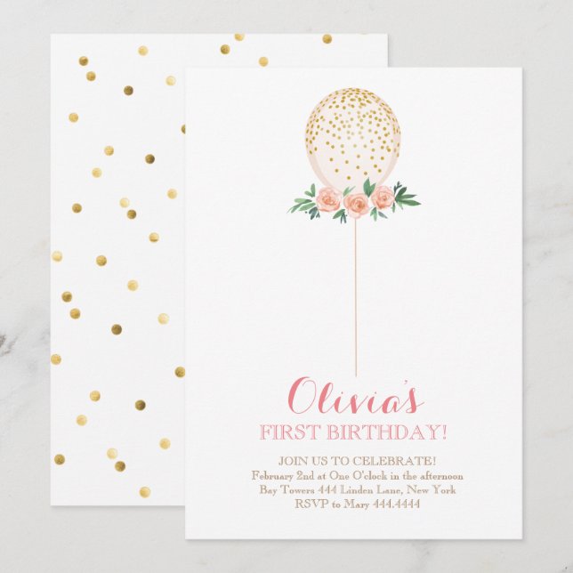 Girl First Birthday Watercolor Gold Balloon Invitation (Front/Back)