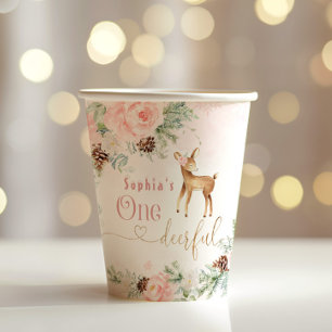 Girl first birthday winter deer blush pink paper cups