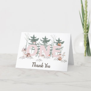 Girl First Birthday, Woodland Animals Pink One Thank You Card