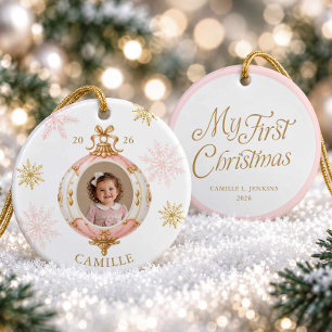 Girl First Christmas Pink Snowflake Photo Ornament