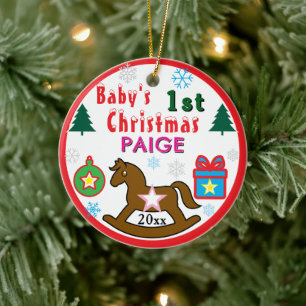 Girl First Christmas Rocking Horse INSERT PHOTO Ceramic Tree Decoration